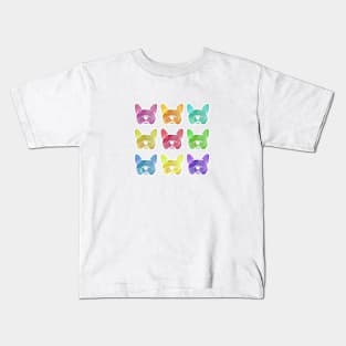 Crayon box watercolor French Bulldogs - Frenchies in rainbow colors - bright French Bulldogs with blue background Kids T-Shirt